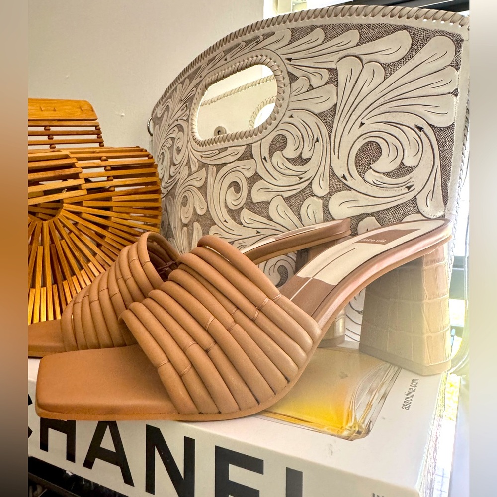Dolce Vita Priana Croc Embossed Tan Cafe Stella Strap High Heel Slides Sz 8.5